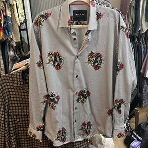 Maceoo Fabonacci Skull King Black and White Houndstooth Button Down Shirt